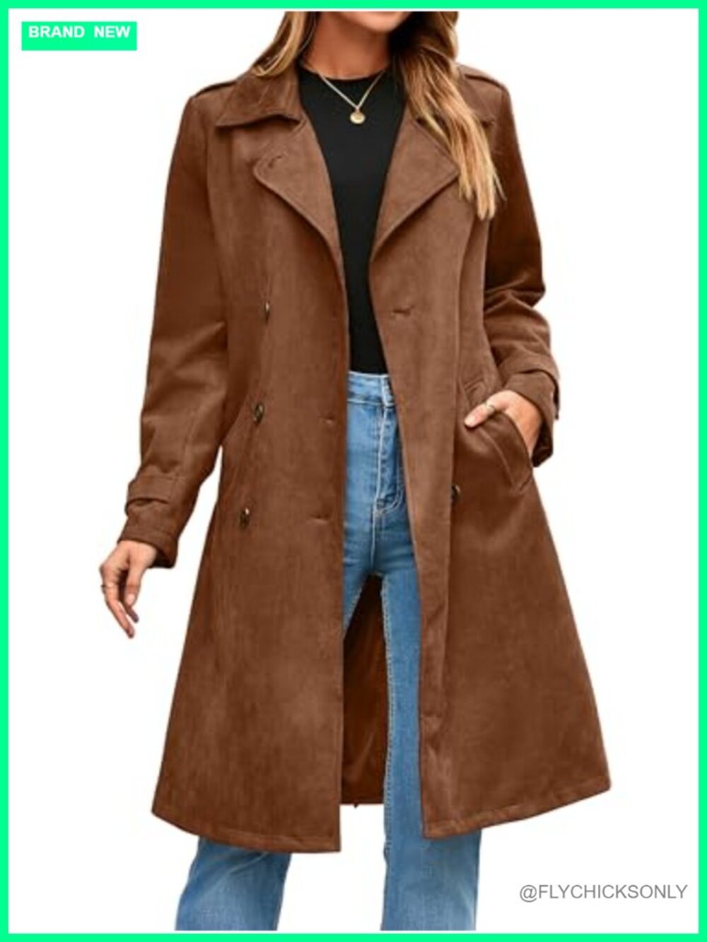 Faux Suede Long Trench Coat Double Breasted Belted Slim Work Office